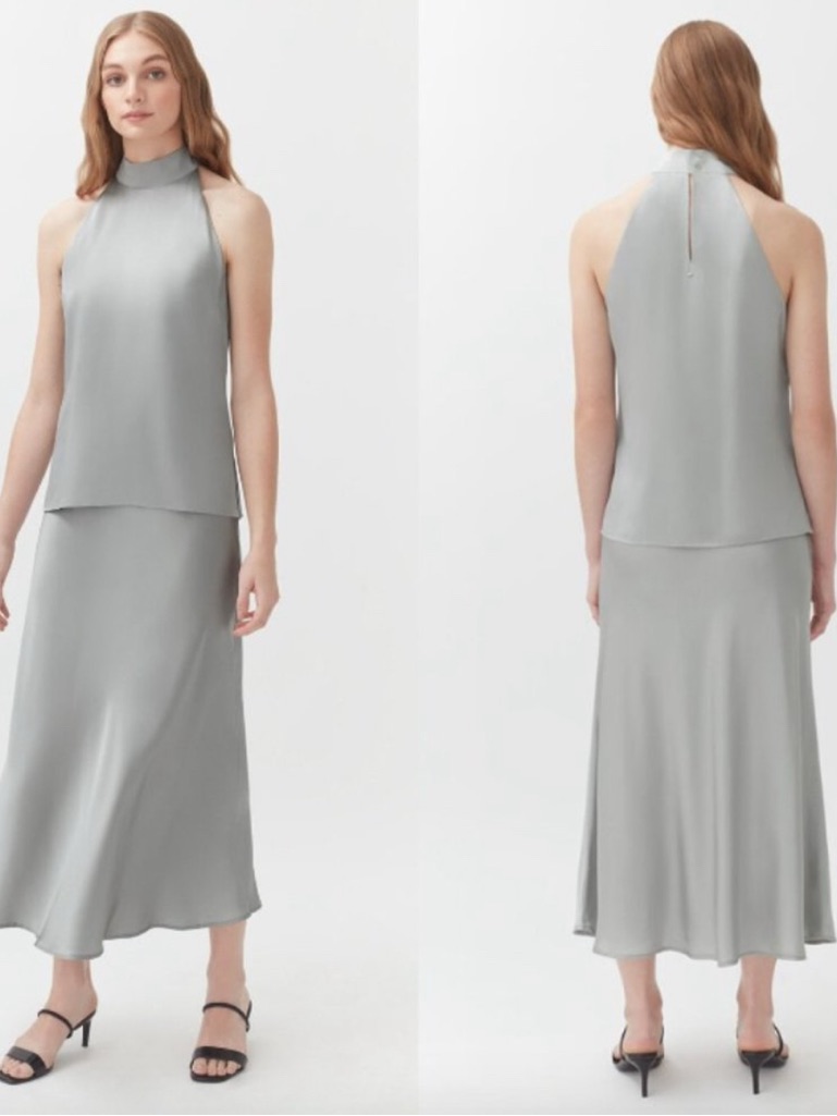 Nwot Cuyana Sage Silver Silk Charmeuse Flowy Elegant A-Line Midi Skirt And Top